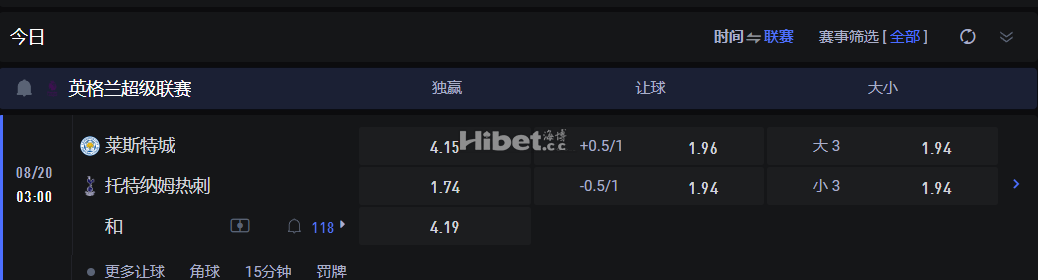 英格兰超级联赛  08/20 03:00 莱斯特城VS 托特纳姆热刺
