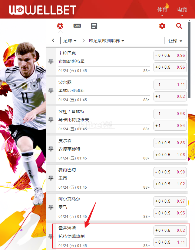 【WELLBET吉祥坊】欧足联 霍芬海姆vs热刺(热刺-0/0.5)