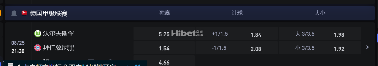 德国甲级联赛  08/25 21:30 沃尔夫斯堡 VS拜仁慕尼黑