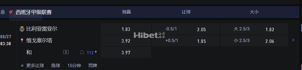 西班牙甲级联赛  08/27 03:30 比利亚雷亚尔 VS维戈塞尔塔