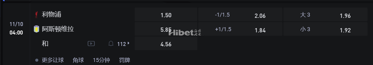 英格兰超级联赛  11/10 04:00 利物浦VS 阿斯顿维拉