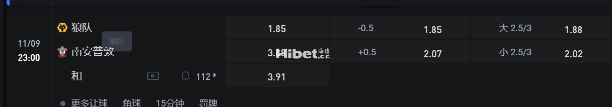 英格兰超级联赛 11/09 23:00 狼队 VS南安普敦
