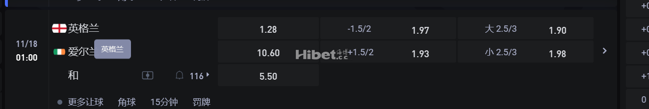欧洲国家联赛 B组  11/18 01:00 英格兰VS 爱尔兰