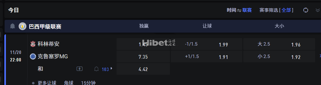 巴西甲级联赛  11/20 22:00 科林蒂安 VS克鲁塞罗MG