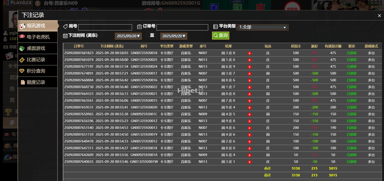 今天中午投入3085元玩PA百家乐盈利215元
