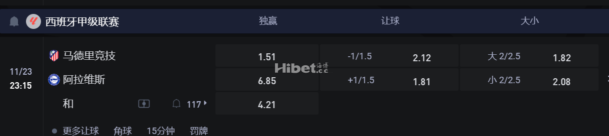 西班牙甲级联赛  11/23 23:15 马德里竞技 VS阿拉维斯